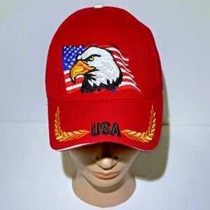 Eagle American Flag God Bless USA Cap Hat Baseball Embroidered Red Acrylic Wool